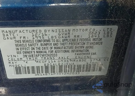2017 Nissan Sentra S from USA, damaged, VIN 3N1AB7AP7HY242033